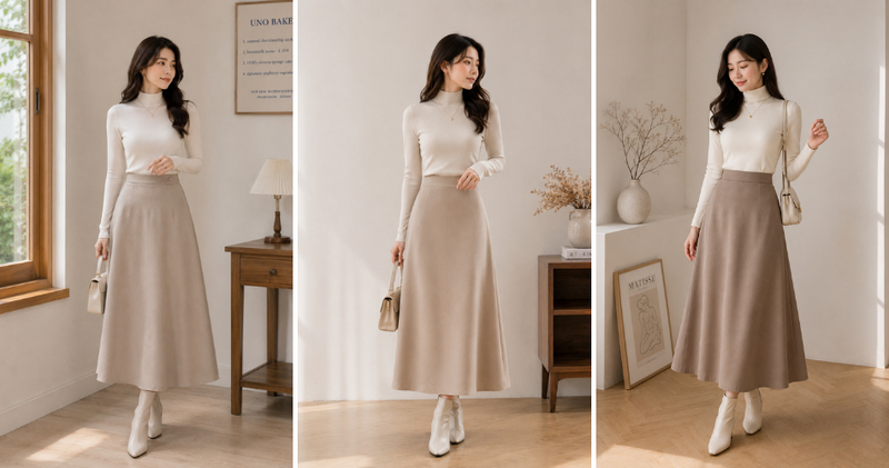 Chân váy midi kết hợp cùng áo len ôm sát sẽ tôn lên vòng eo, mang đến vẻ đẹp đằm thắm và trưởng thành.