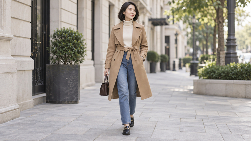 Kết hợp áo măng tô với quần jeans tạo phong cách trẻ trung, hiện đại nhưng vẫn giữ sự chỉn chu.