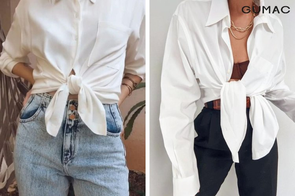 Kiểu cột vạt thành croptop giúp biến áo sơ mi thông thường thành kiểu áo ngắn hơn, phù hợp với phong cách năng động.