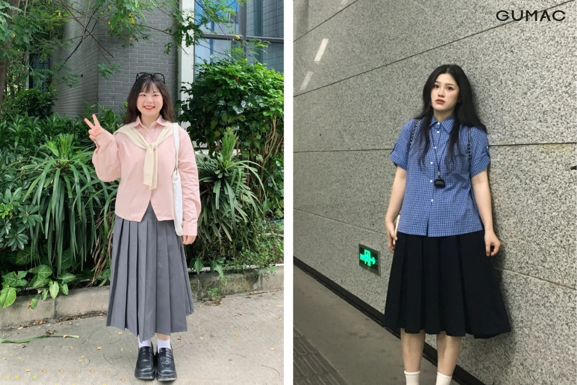 combo beo bung mac gi chan vay xoe dai cung ao so mi