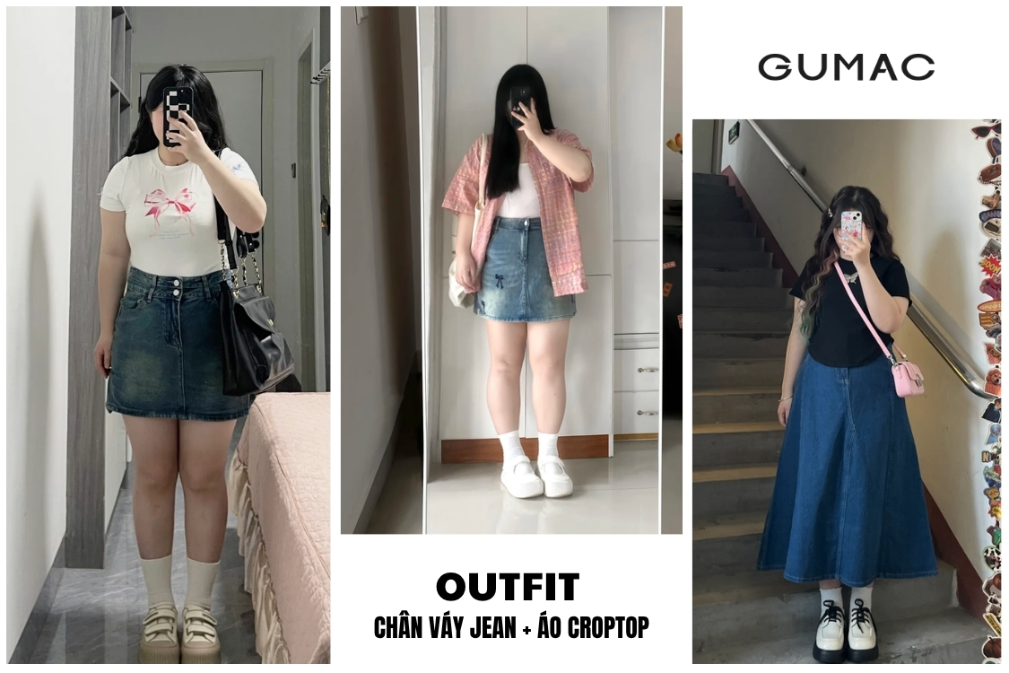 outfit de thuong cung chan vay jean va ao croptop cho nang beo