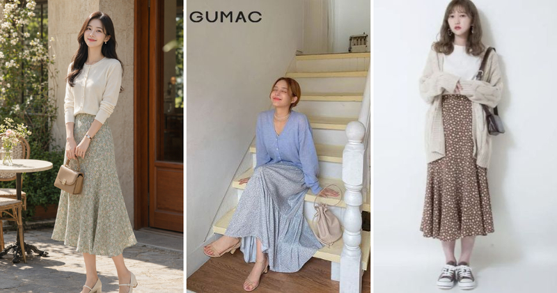 Áo cardigan kết hợp với chân váy hoa nhí để tạo vẻ dịu dàng, thục nữ.