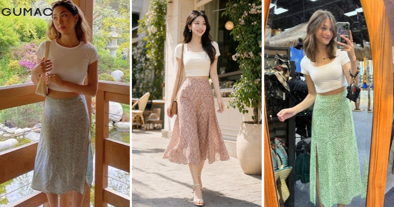 Áo croptop phối với chân váy hoa nhí là cách hoàn hảo để khoe vòng eo thon.