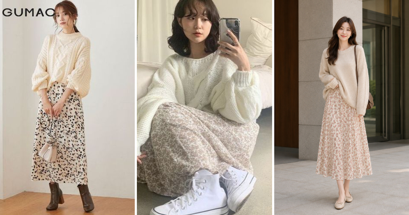 Áo len oversize phối với chân váy hoa nhí dài mang lại sự ấm áp, thoải mái, cân bằng hoàn hảo với nét nữ tính của chân váy hoa nhí.