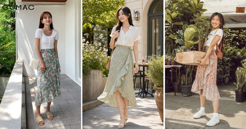 Chân váy hoa nhí dáng đắp vạt mang thiết kế mềm mại, lượn sóng, tạo vẻ thướt tha, nhẹ nhàng.