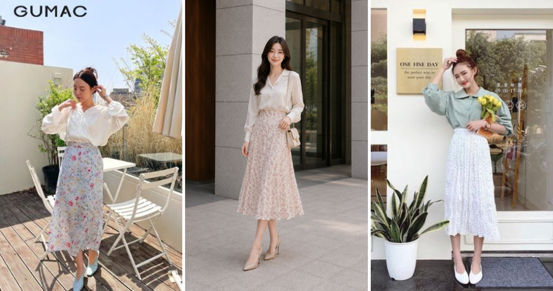 Giày cao gót là item không thể thiếu, giúp outfit với chân váy hoa nhí thêm thanh lịch, nhã nhặn.