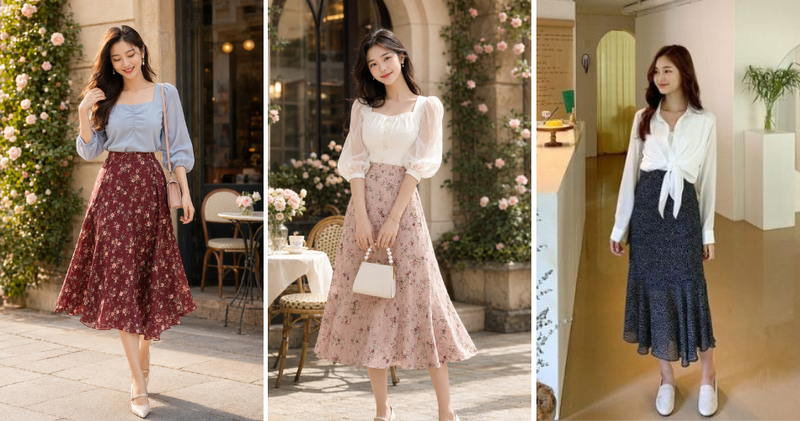 Phối chân váy hoa nhí cùng áo blouse tạo nên vẻ ngoài quyến rũ, tiểu thư.