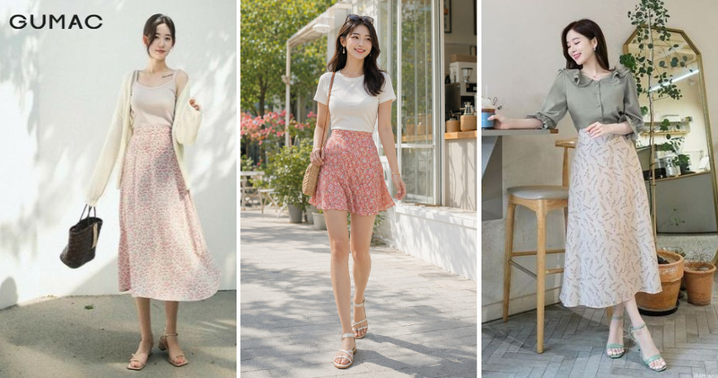 Sandal mang lại sự thoải mái, tươi mới khi phối với chân váy hoa nhí ngắn.