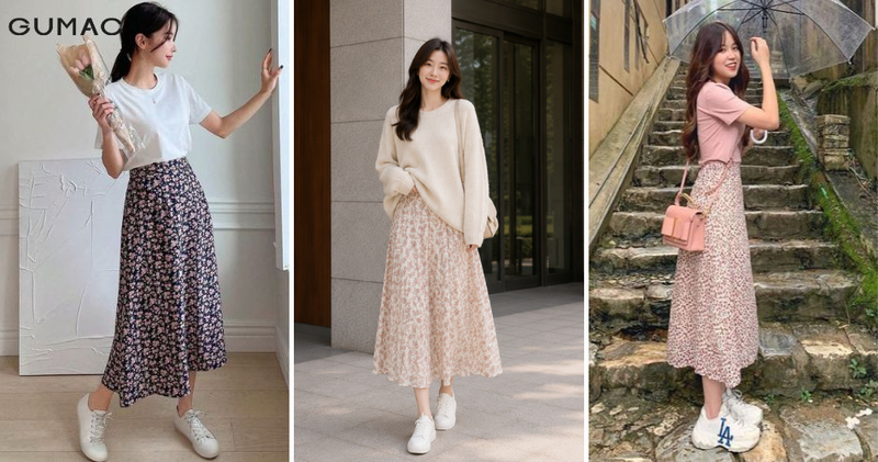 Sneakers trắng đơn giản là lựa chọn thú vị để tạo sự đối lập, mang lại vẻ năng động khi phối với chân váy hoa nhí.