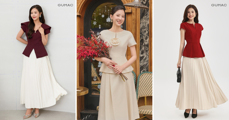 Áo peplum phối chân váy xếp ly dài - combo hack dáng cho nàng công sở.