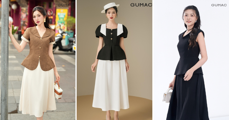 Chân váy xếp ly dài mặc cùng áo peplum chuyên nghiệp, tinh tế.