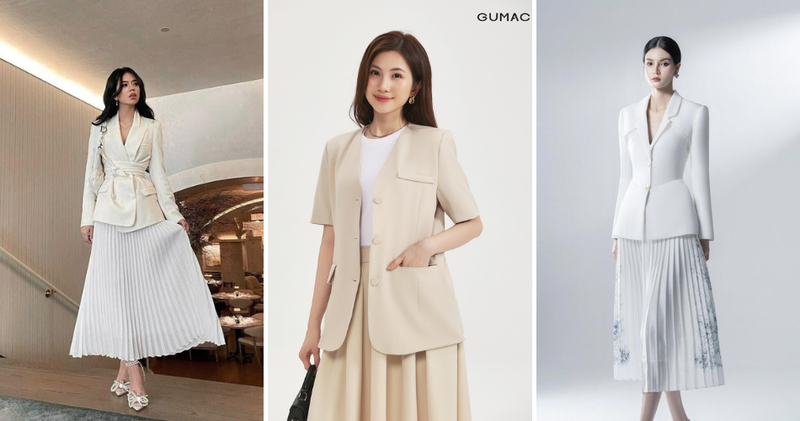 Quyền lực và sang trọng cùng áo blazer/áo vest kết hợp với chân váy xếp ly dài.