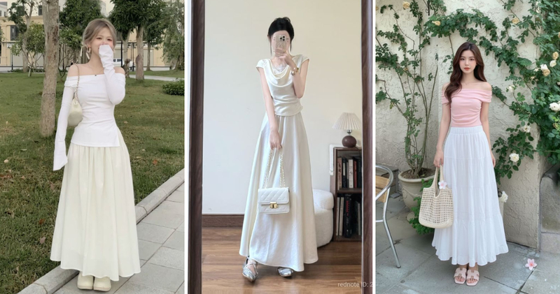 Set đồ áo trễ vai/cổ đổ phối chân váy xếp ly dài cho buổi hẹn hò lãng mạn, tiệc tối nhẹ nhàng.