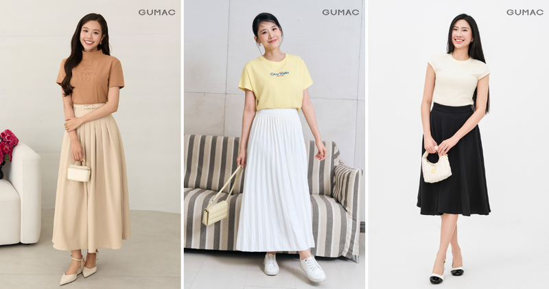 Chân váy xòe dài mặc cùng áo thun cơ bản hoặc croptop mang lại sự trẻ trung, năng động.