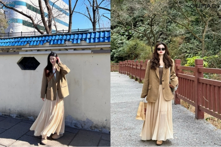 Kết hợp áo blazer với váy xòe hiện đại