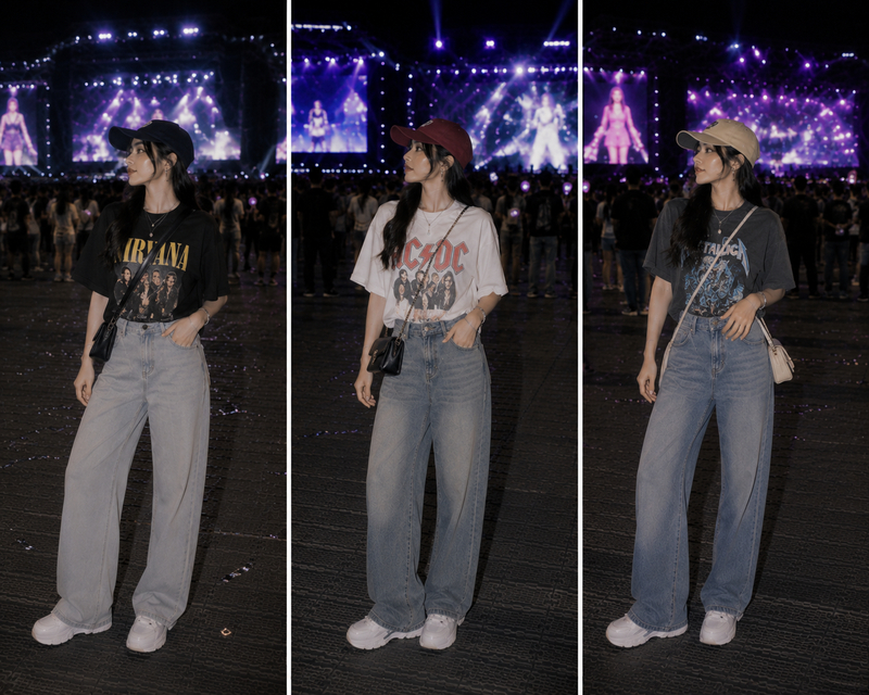 Áo thun graphic kết hợp quần jeans ống suông tạo nên outfit trẻ trung, dễ mặc và phù hợp với không khí sôi động của concert.