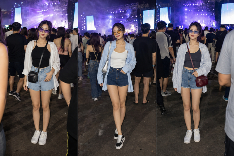 Tank top phối quần short denim mang lại cảm giác gọn gàng, trong khi sơ mi oversize khoác ngoài giúp set đồ có chiều sâu và thuận tiện che nắng.