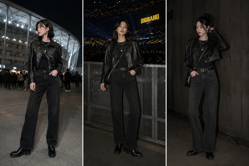 Áo khoác da dáng lửng phối áo thun trơn và quần jeans đen giúp nàng thể hiện tinh thần rock chic mạnh mẽ.