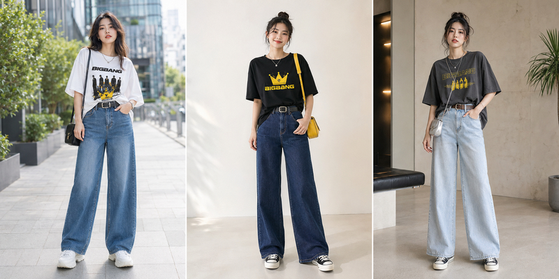 Áo merchandise của BIGBANG có thể sơ vin một phần cùng quần jeans ống rộng cạp cao, tạo vẻ ngoài phóng khoáng nhưng vẫn tôn dáng.