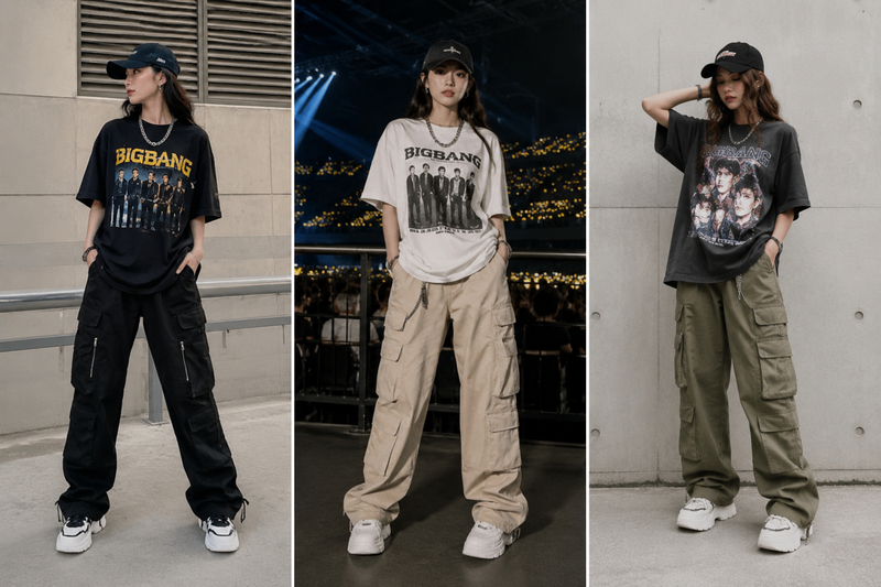 Áo thun graphic dáng rộng phối cùng quần cargo tạo nên outfit streetwear mạnh mẽ, phù hợp với không khí sôi động của concert BIGBANG.