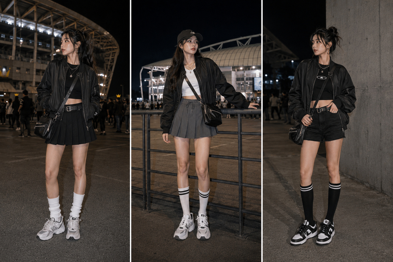 Bomber jacket kết hợp chân váy xếp ly tạo vẻ ngoài vừa năng động vừa nữ tính, trong khi quần short mang đến cảm giác khỏe khoắn.