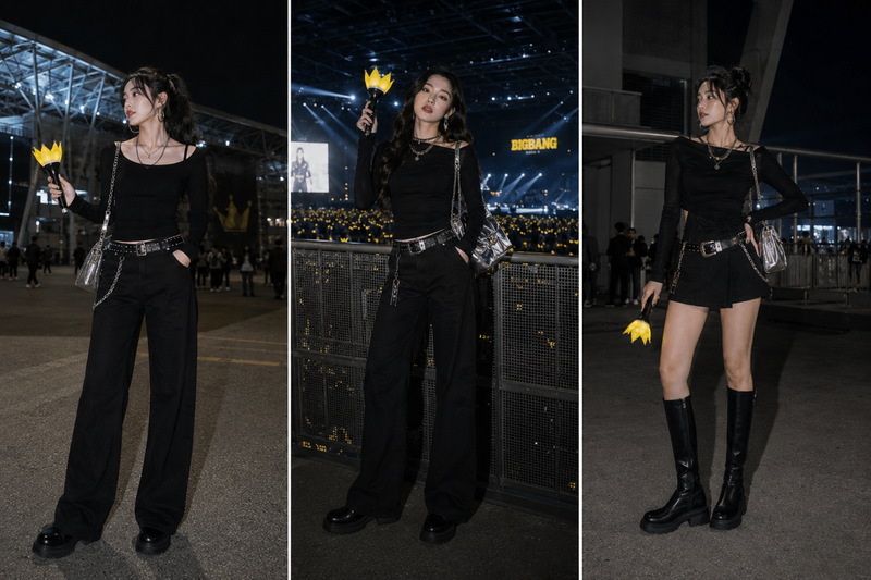 Một set all black gồm áo ôm, quần suông hoặc chân váy ngắn giúp tổng thể sắc sảo nhưng không quá cầu kỳ.