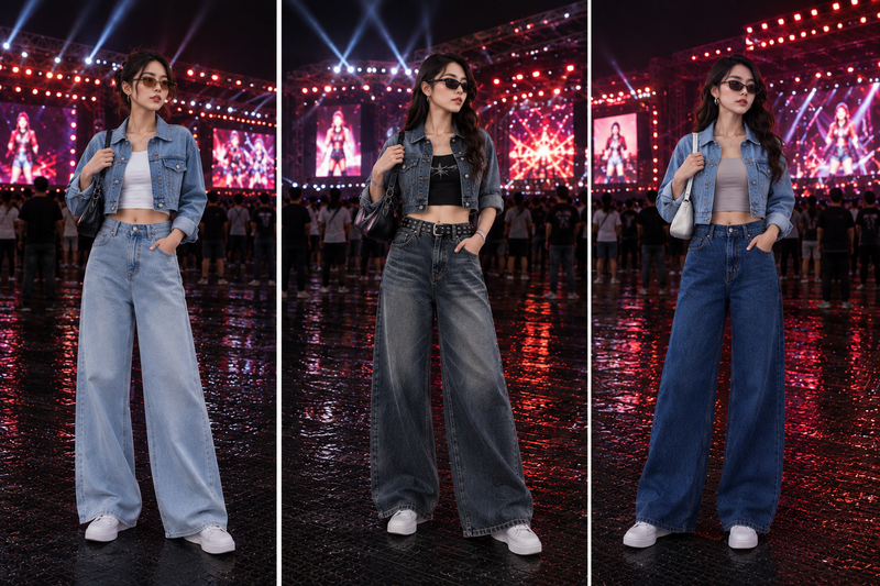 Nàng có thể kết hợp áo denim dáng lửng với quần jeans ống rộng hoặc chân váy jeans để tái hiện tinh thần Y2K.