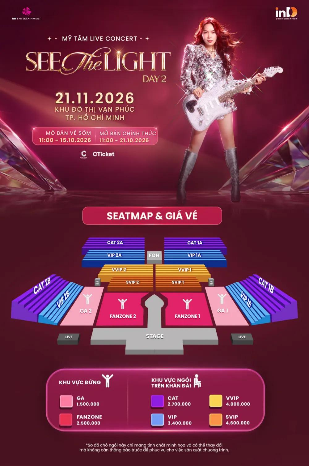 Sơ đồ seatmap và các khu vực vé đứng, vé ngồi tại concert Mỹ Tâm 2026