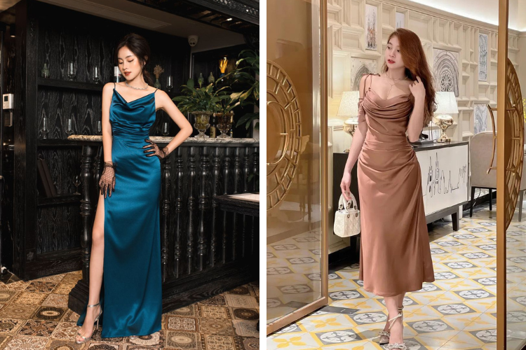 đầm lụa 2 dây dự tiệc dáng dài