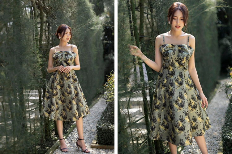 đầm 2 dây xòe dự tiệc 