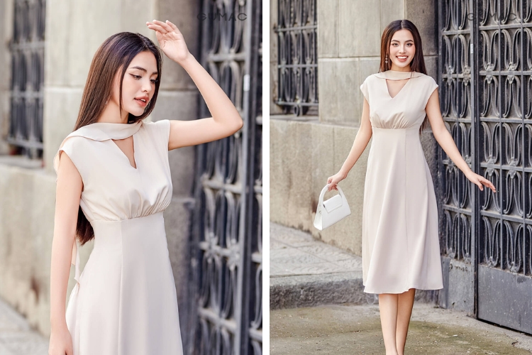 Áo đầm cổ lọ dự tiệc cách điệu