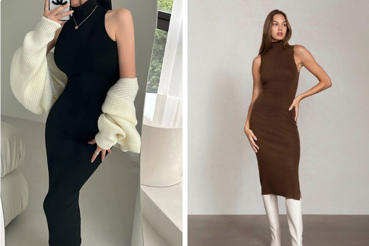 Áo đầm cổ lọ dự tiệc sát nách