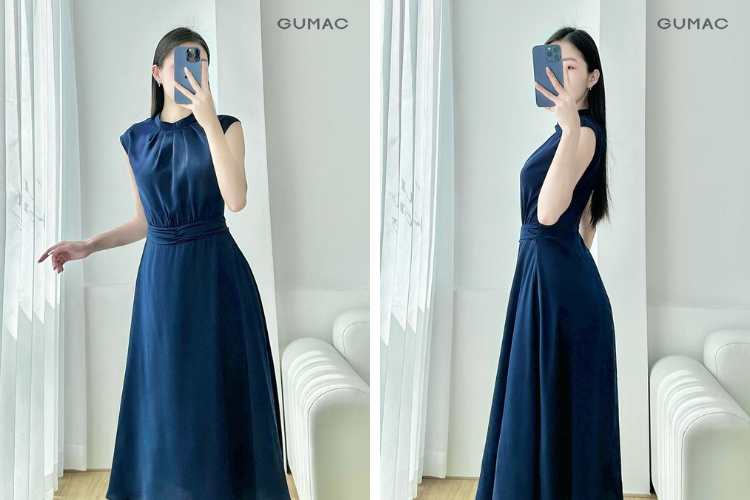 Đầm dự tiệc cao cấp cổ lọ vải lụa