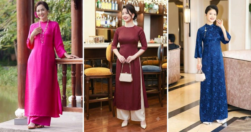 Áo dài quý phái hoặc đầm liền trang nhã là ưu tiên hàng đầu để tôn lên vẻ sang trọng của các mẹ