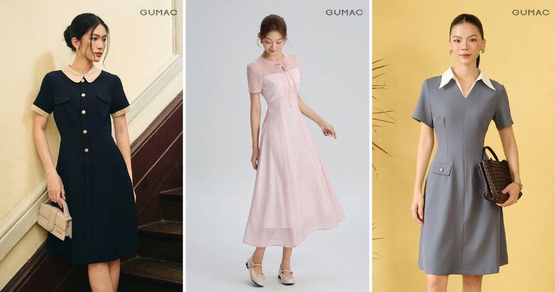 Các mẫu váy đầm GUMAC với dáng chữ A, midi, chiết eo nhẹ hoặc chất liệu mềm mại sẽ giúp nàng tạo tổng thể trang nhã, phù hợp với nhiều phong cách tổ chức lễ khác nhau.