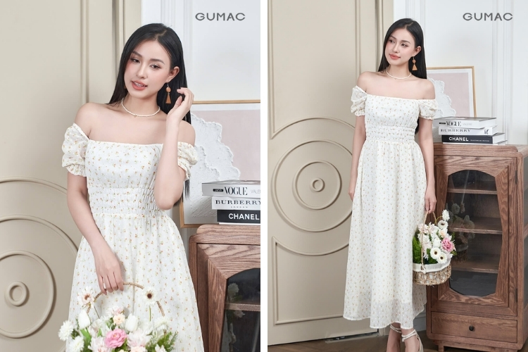Đầm trễ vai maxi đi biển