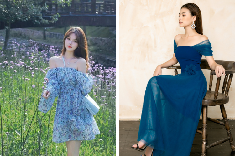 đầm xanh dương trễ vai