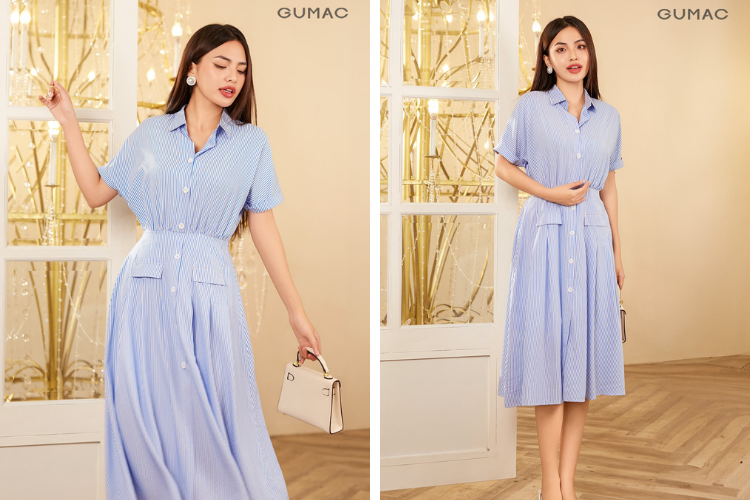 đầm xanh dương công sở