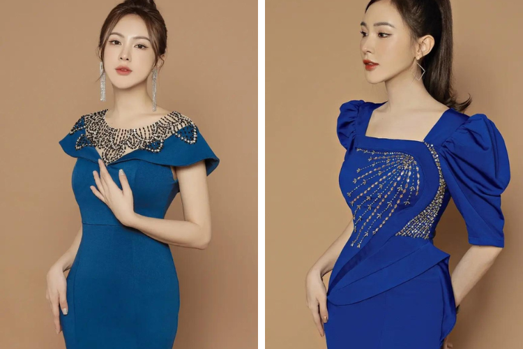 đầm xanh dương đính đá