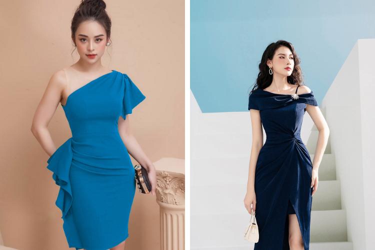 đầm xanh dương lệch vai