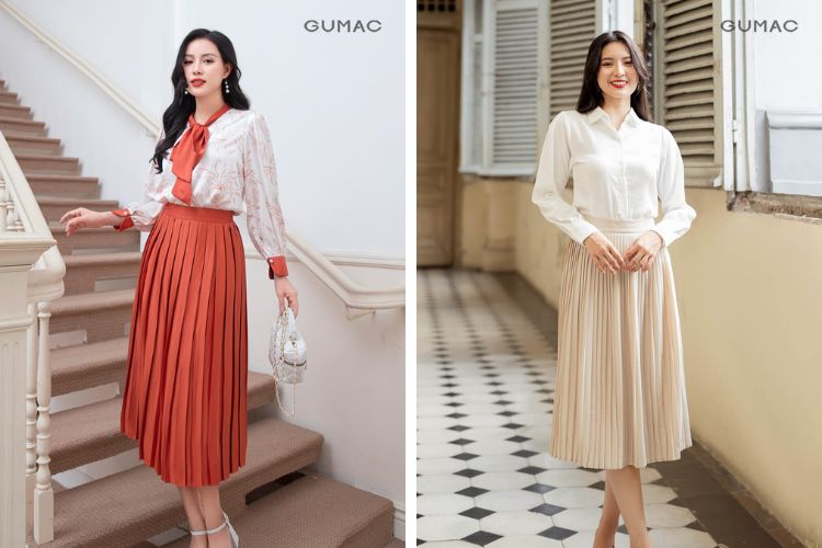 Cách phối đồ cùng chân váy xếp ly dài chuẩn stylist