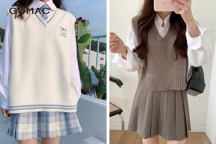 Áo sơ mi trắng basic cùng chân váy chữ A và áo Gile Áo sơ mi trắng basic cùng chân váy chữ A và áo Gile