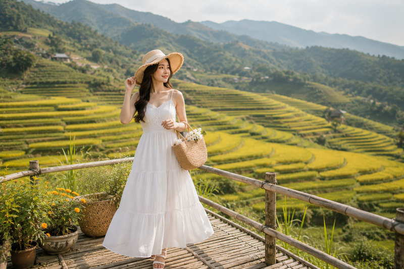 Đầm maxi trắng phối phụ kiện cói ngọt ngào khi check-in ruộng bậc thang Bình Liêu. (Ảnh được tạo bởi AI)