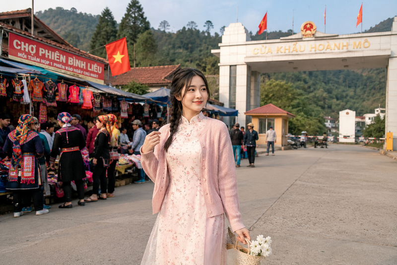 Outfit áo dài cách tân phối áo khoác len mỏng dịu dàng, nổi bật khi đi chợ phiên vùng cao và check-in cửa khẩu Hoành Mô. (Ảnh được tạo bởi AI)