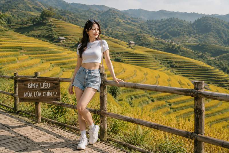 Outfit croptop phối short jeans năng động cho hành trình ngắm lúa chín. (Ảnh được tạo bởi AI)