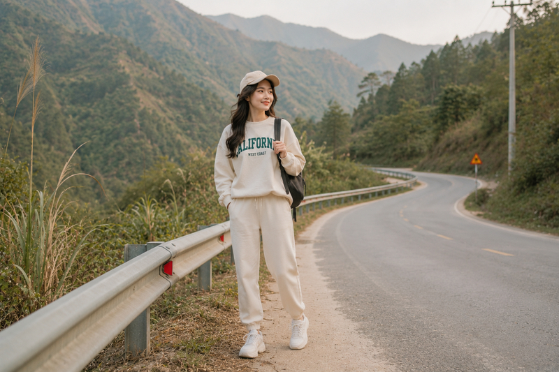 Set áo nỉ sweater phối cùng quần jogger mang đến cảm giác khỏe khoắn, thoải mái và rất tiện di chuyển khám phá các cung đường Bình Liêu. (Ảnh được tạo bởi AI)