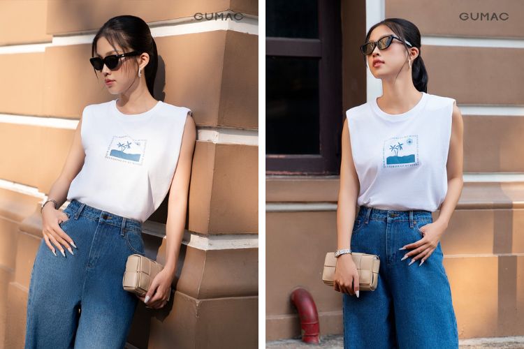 Áo thun tanktop mix quần jean