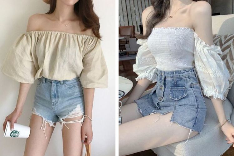 Áo thun trễ vai mix quần short