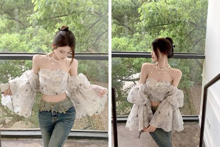 Áo trễ vai kết hợp cùng quần jean