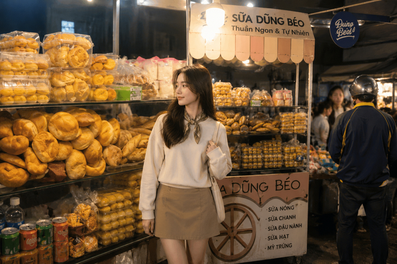 Outfit ấm áp, năng động với áo sweater, chân váy chữ A và điểm nhấn khăn lụa mỏng dạo phố đêm. (Ảnh được tạo bởi AI)